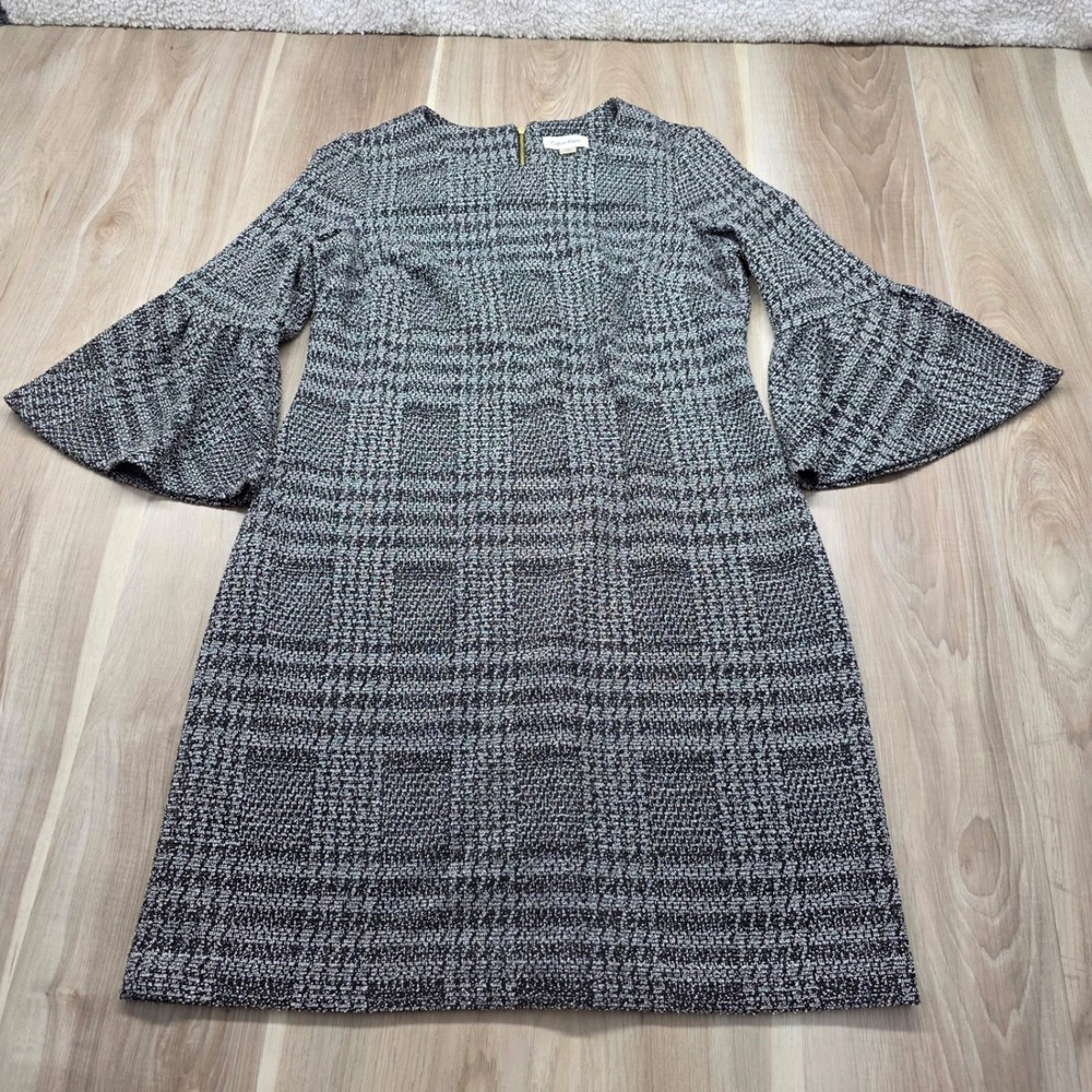Calvin Klein Dress 10 Black White Plaid Bell Sleeve Sheath Work Career Mini